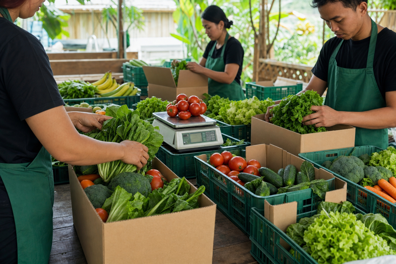 Tim Indonesia menyortir, menimbang, dan mengemas sayur segar untuk pesanan bisnis